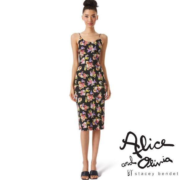 ALICE + OLIVIA *NWT* Delora Spaghetti Strap Fitted MIDI Dress in Magnolia Floral - Picture 8 of 12